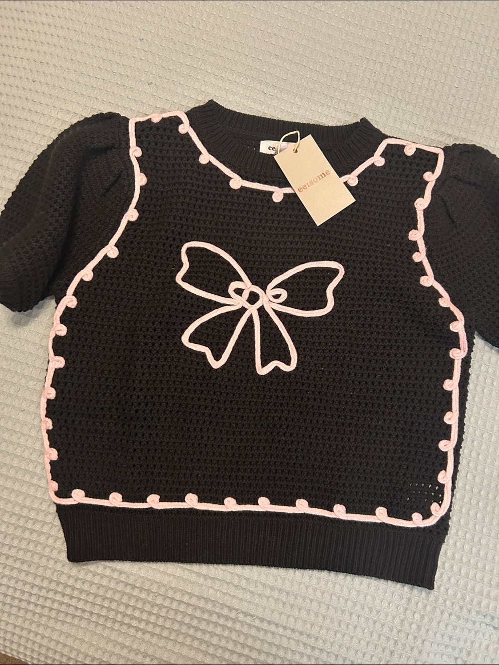 eesome Black Knit Top with Pink Bow Trim